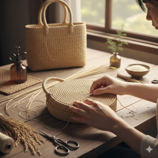 آموزش کامل بافت کیف حصیری زیبا با ساقه برنج
